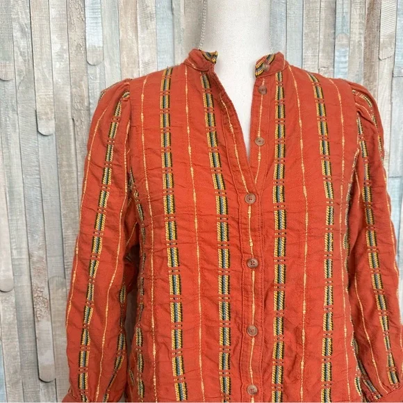Anthropologie XS Pilcro The Bella Femme Buttondown Shirt Top Embroidered Orange - Picture 5 of 11